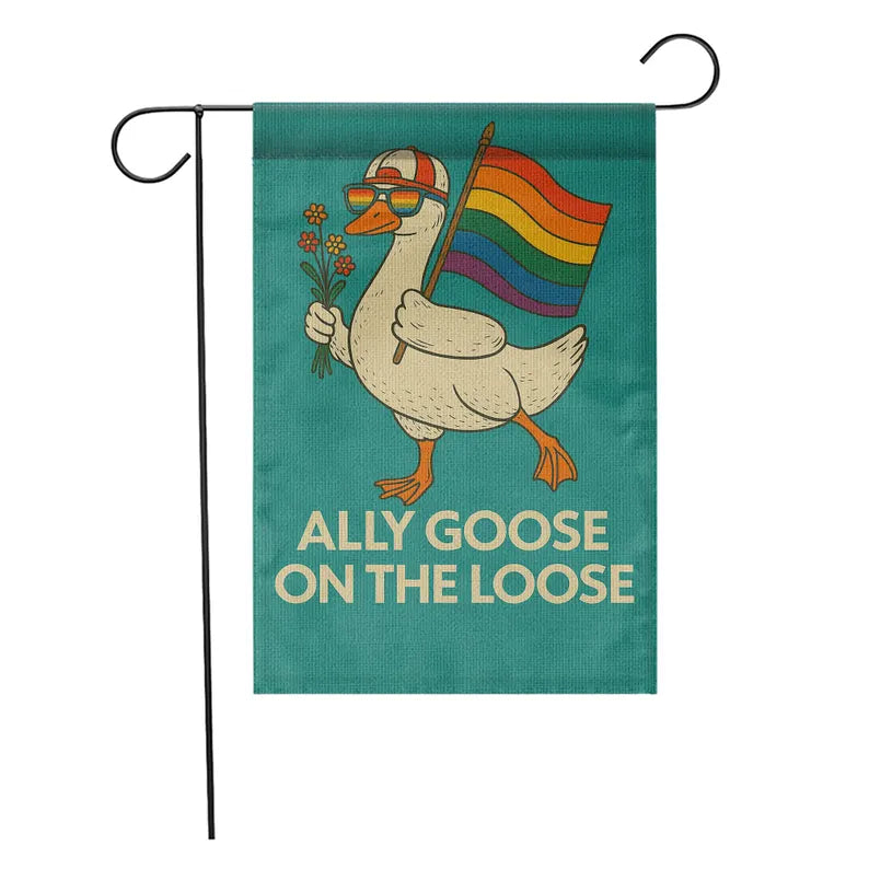 Ally Goose On The Loose Garden Flag, Funny LGBTQ Pride Yard Decor, Rainbow Duck Outdoor Sign, Queer Ally Inclusive Lawn Banner