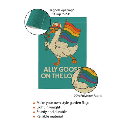 Ally Goose On The Loose Garden Flag, Funny LGBTQ Pride Yard Decor, Rainbow Duck Outdoor Sign, Queer Ally Inclusive Lawn Banner