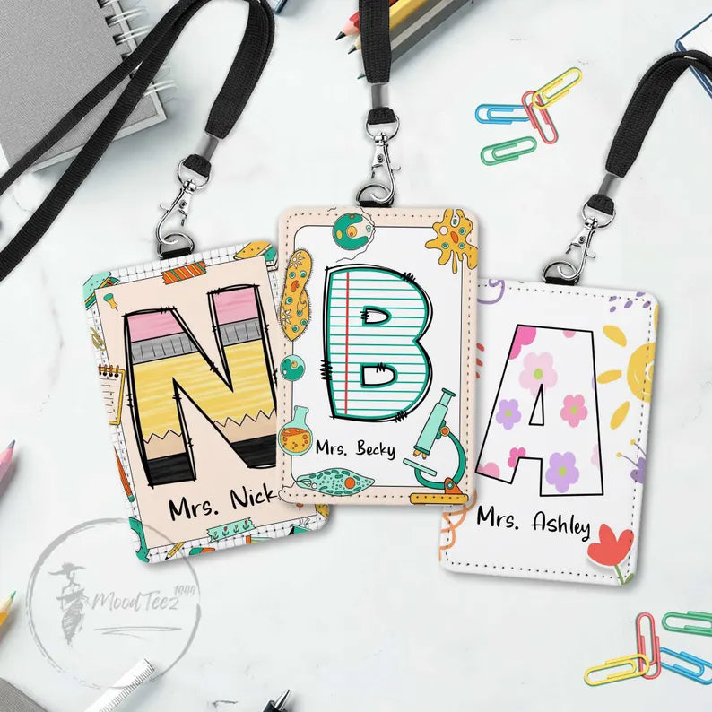 Custom Name Teacher Leather ID Card Holder, Custom Teacher Lanyard Accessories, Teacher Back to School Gift, Teacher School Supply Gift