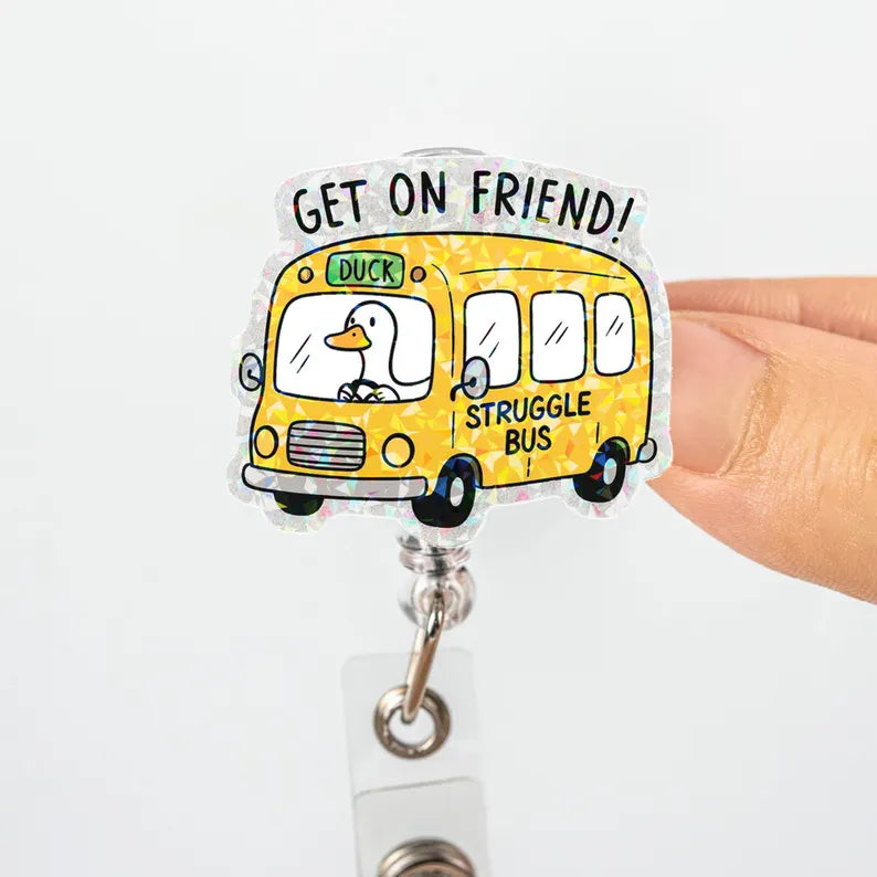 Funny Goose Struggle Bus Badge Reel, Cute Retractable ID Holder for Nurses & Teachers, Humorous Acrylic Badge Clip, School Work Gift Idea