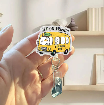 Funny Goose Struggle Bus Badge Reel, Cute Retractable ID Holder for Nurses & Teachers, Humorous Acrylic Badge Clip, School Work Gift Idea