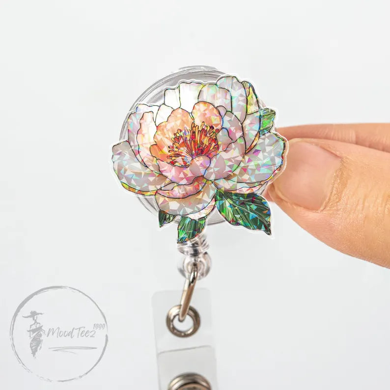 Peony Flower Badge Reel, Glitter Floral Retractable ID Holder, Cute Nurse or Teacher Gift, Elegant Office Accessory for Women