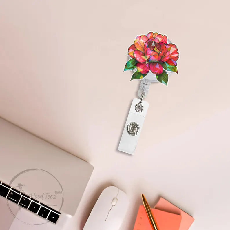 Red Peony Flower Badge Reel, Sparkle Floral ID Holder for Nurse or Teacher, Elegant Retractable Clip, Feminine Office Gift Idea
