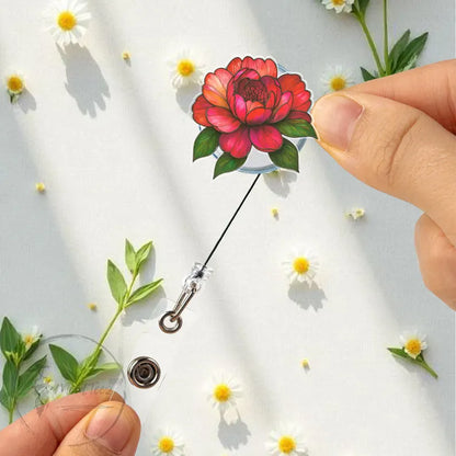 Red Peony Flower Badge Reel, Sparkle Floral ID Holder for Nurse or Teacher, Elegant Retractable Clip, Feminine Office Gift Idea