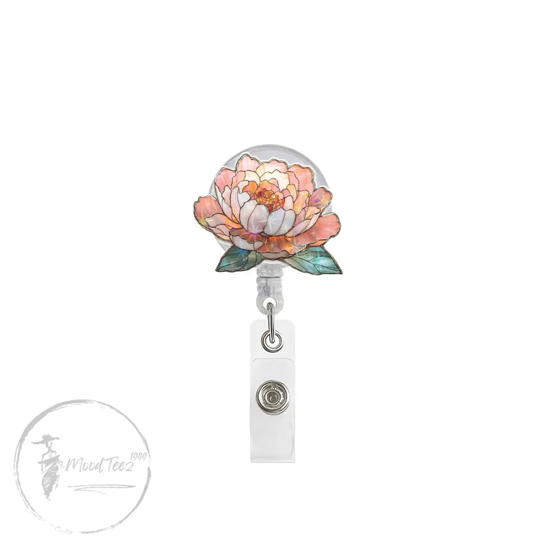 Peach Peony Badge Reel, Glitter Floral ID Holder for Nurse or Teacher, Elegant Botanical Retractable Clip, Feminine Office Gift