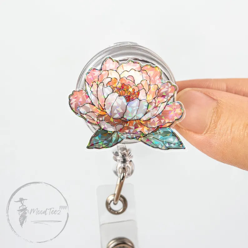 Peach Peony Badge Reel, Glitter Floral ID Holder for Nurse or Teacher, Elegant Botanical Retractable Clip, Feminine Office Gift