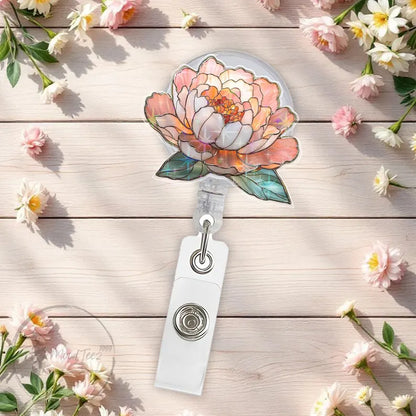 Peach Peony Badge Reel, Glitter Floral ID Holder for Nurse or Teacher, Elegant Botanical Retractable Clip, Feminine Office Gift