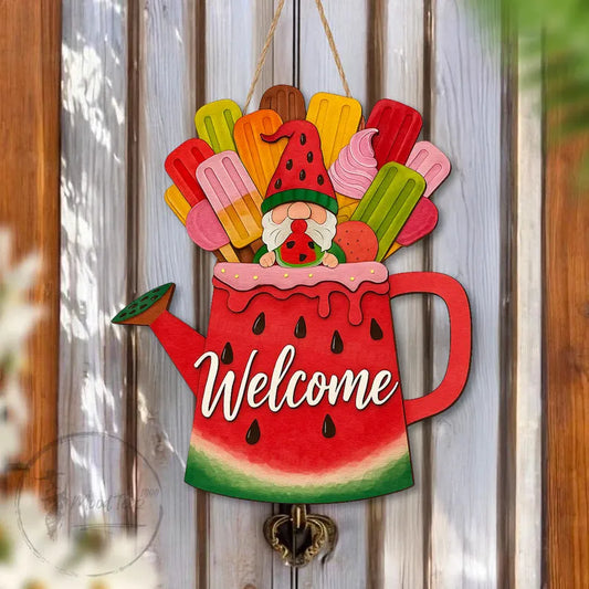 Summer Gnome Welcome Door Sign, Watermelon Watering Can with Popsicles, Cute Wooden Porch Hanging for Front Door or Outdoor Decor