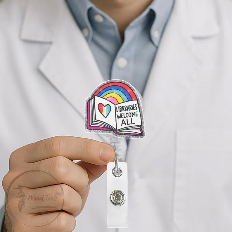 Libraries Welcome All Badge Reel, Colorful Rainbow Book Design, Inspirational ID Holder, Perfect Gift for Librarians and Book Lovers