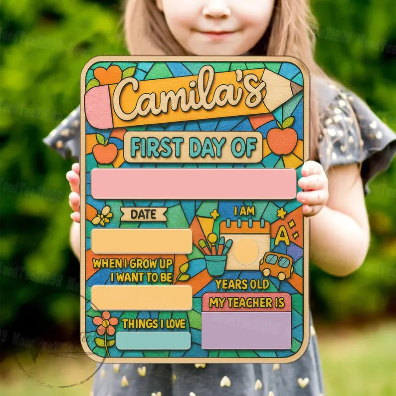 Personalized First Day of School Sign for Kids, Custom Back to School Board, Name, Grade & Teacher Info, Classroom Photo Prop Gift