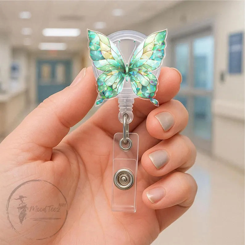 Butterfly Badge Reel, Mint Green ID Holder, Pastel Retractable Name Tag Clip, Cute Nurse Gift, Nature Badge for Teachers, Staff