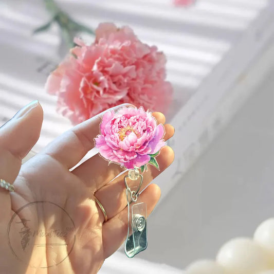 Pink Peony Badge Reel, Floral Retractable ID Holder, Elegant Name Tag Clip for Nurses, Teachers, Office Gift, Spring Botanical Charm