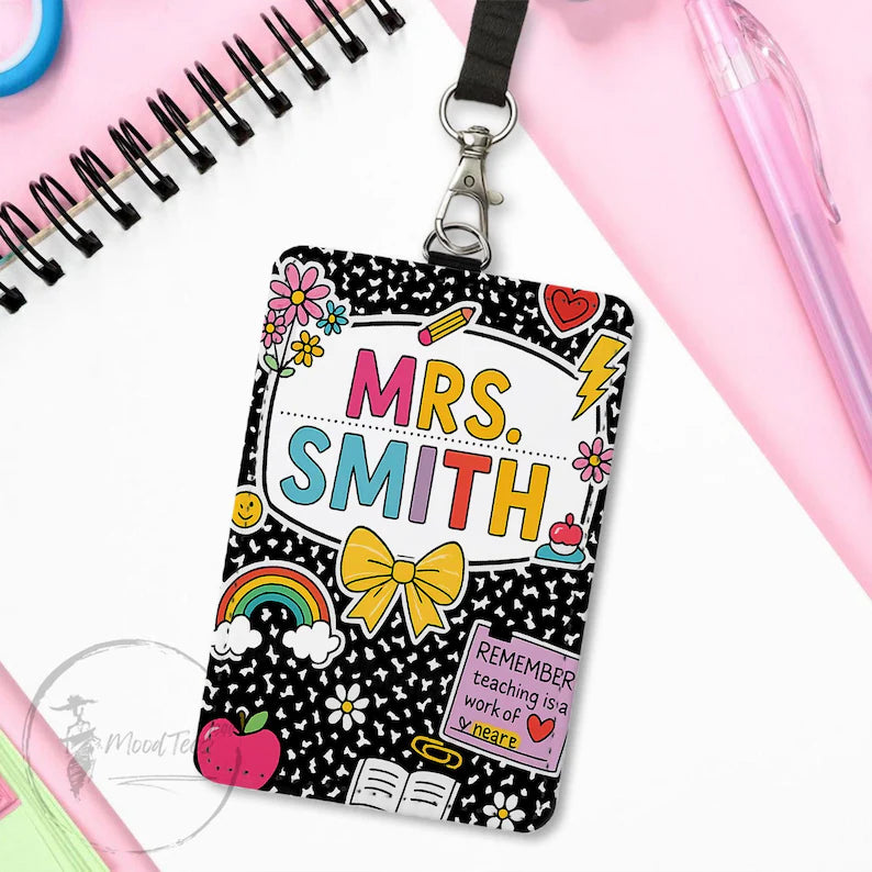 Composition Book Teacher ID Badge Holder, Back To School Gift, Lanyard Accessories, Teacher Appreciation, Teacher Gifts, Custom ID Holder