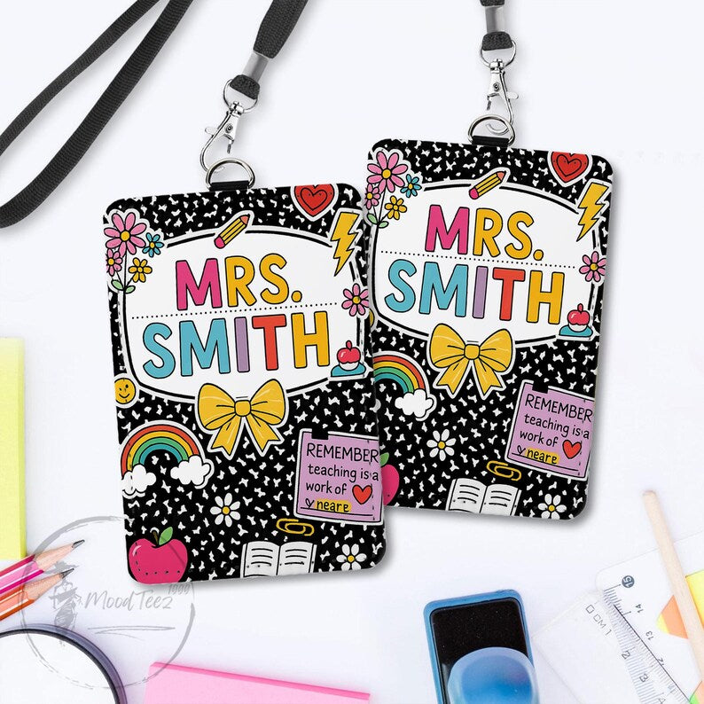 Composition Book Teacher ID Badge Holder, Back To School Gift, Lanyard Accessories, Teacher Appreciation, Teacher Gifts, Custom ID Holder