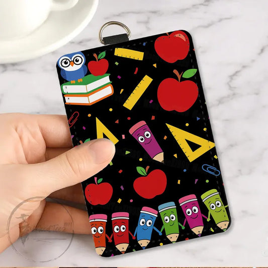 Teacher Badge Holder with Cute School Supplies, PU Leather ID Holder, Back to School Gift, Lanyard Optional, Fun Print