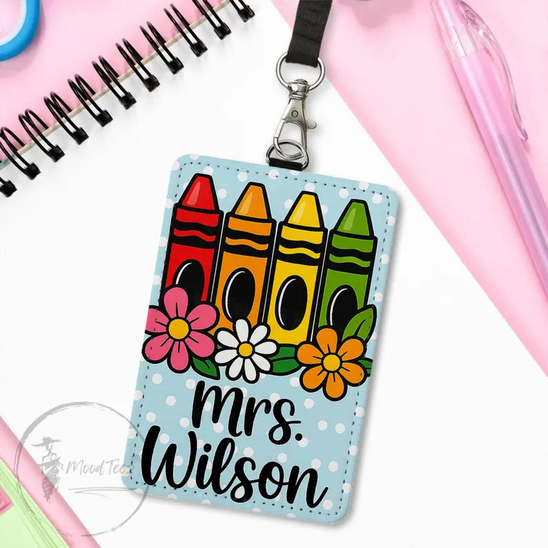 Personalized Crayon Teacher Badge Holder, Custom Name ID Holder with Flowers, Cute PU Leather Lanyard, Back to School Gift for Educators