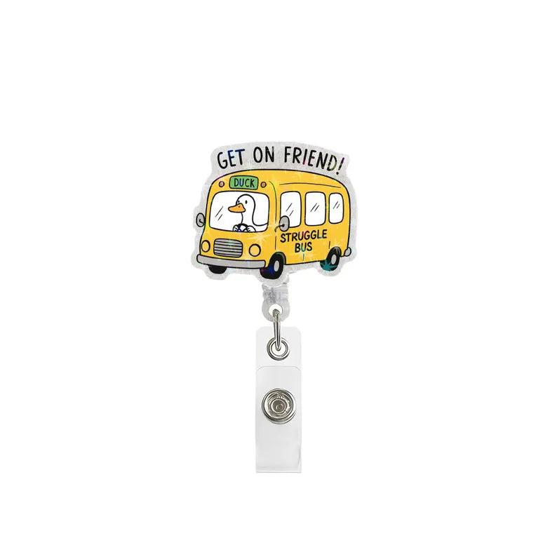 Funny Goose Struggle Bus Badge Reel, Cute Retractable ID Holder for Nurses & Teachers, Humorous Acrylic Badge Clip, School Work Gift Idea