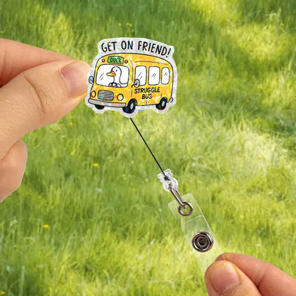 Funny Goose Struggle Bus Badge Reel, Cute Retractable ID Holder for Nurses & Teachers, Humorous Acrylic Badge Clip, School Work Gift Idea