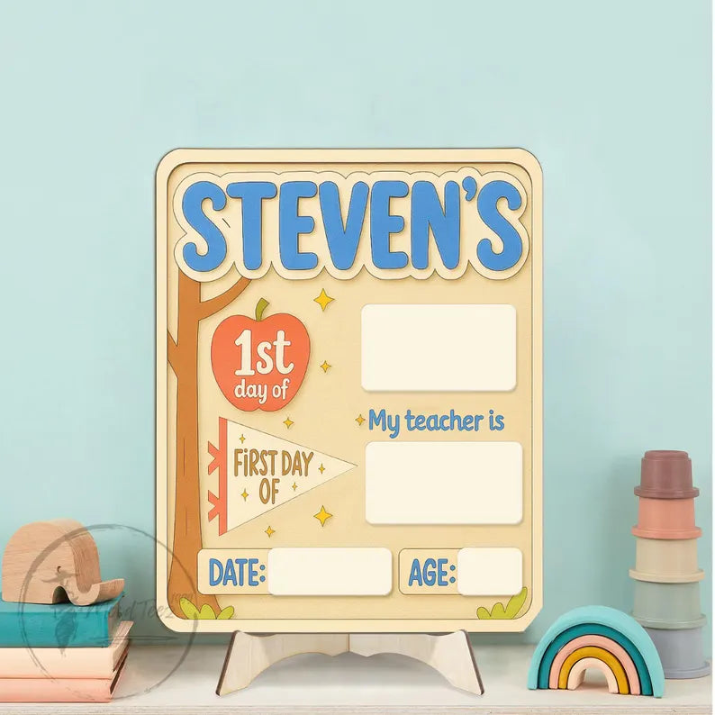 Custom First Day of School Sign, Back to School Sign, Reusable School Board with Name, Kindergarten First Day Sign, Gift for Boys, Wood Sign