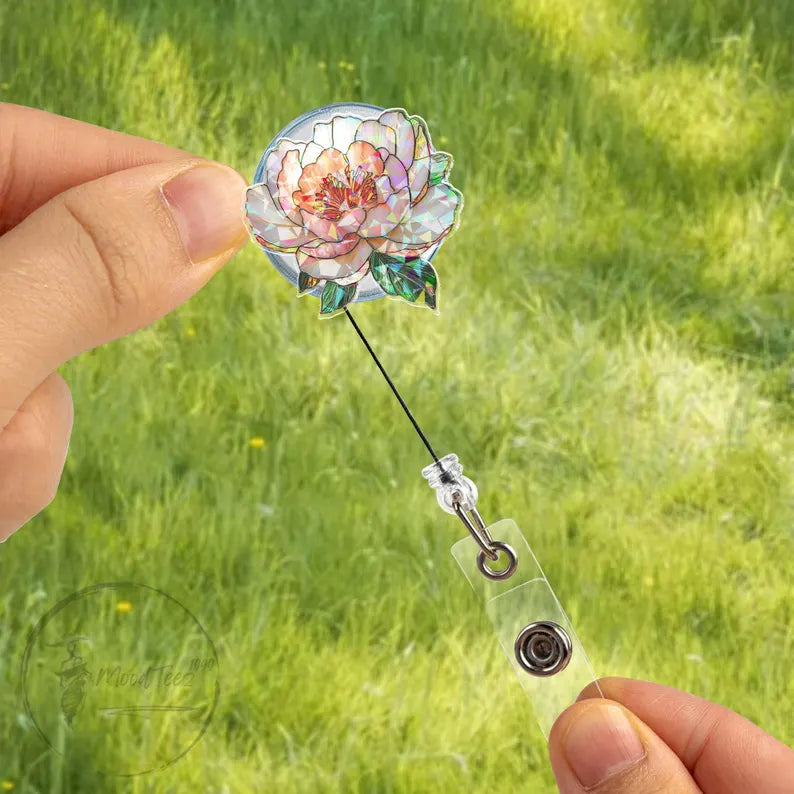 Peony Flower Badge Reel, Glitter Floral Retractable ID Holder, Cute Nurse or Teacher Gift, Elegant Office Accessory for Women