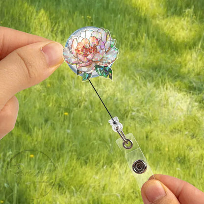 Peony Flower Badge Reel, Glitter Floral Retractable ID Holder, Cute Nurse or Teacher Gift, Elegant Office Accessory for Women