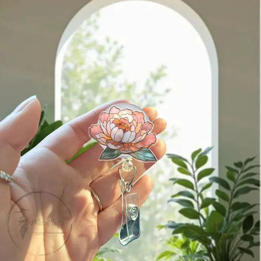 Peach Peony Badge Reel, Glitter Floral ID Holder for Nurse or Teacher, Elegant Botanical Retractable Clip, Feminine Office Gift