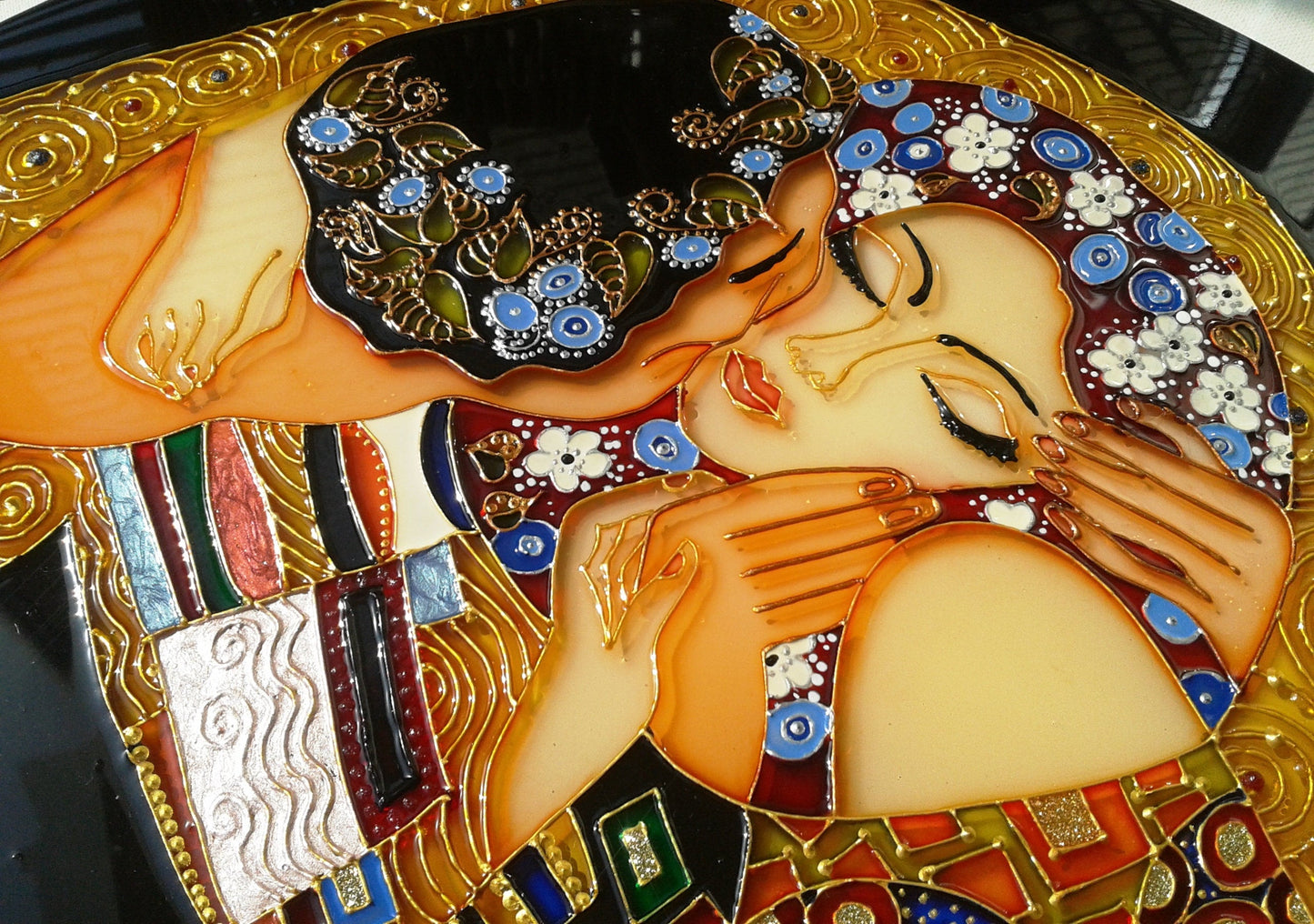 Wedding gift Large Wall clock or Stained glass round panel The Kiss Gustav Klimt Unique gift