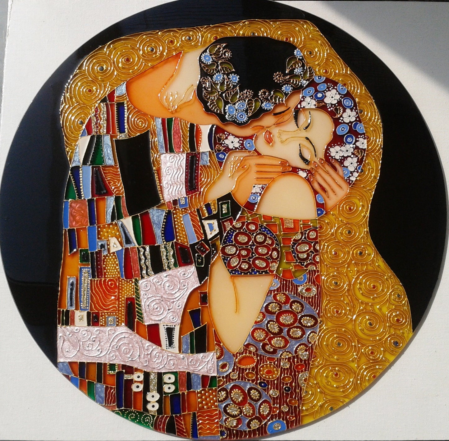 Wedding gift Large Wall clock or Stained glass round panel The Kiss Gustav Klimt Unique gift