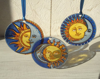 Blue cobalt Window Suncatcher Celestial Sun Moon decor Hanging Suncatcher Housewarming gift