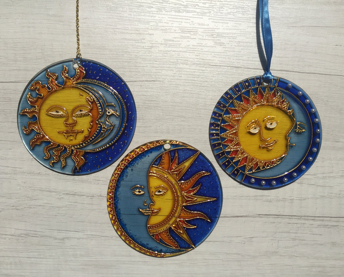 Suncatcher for window Sun Moon Celestial Stained Glass Painting Hanging Sun Catcher