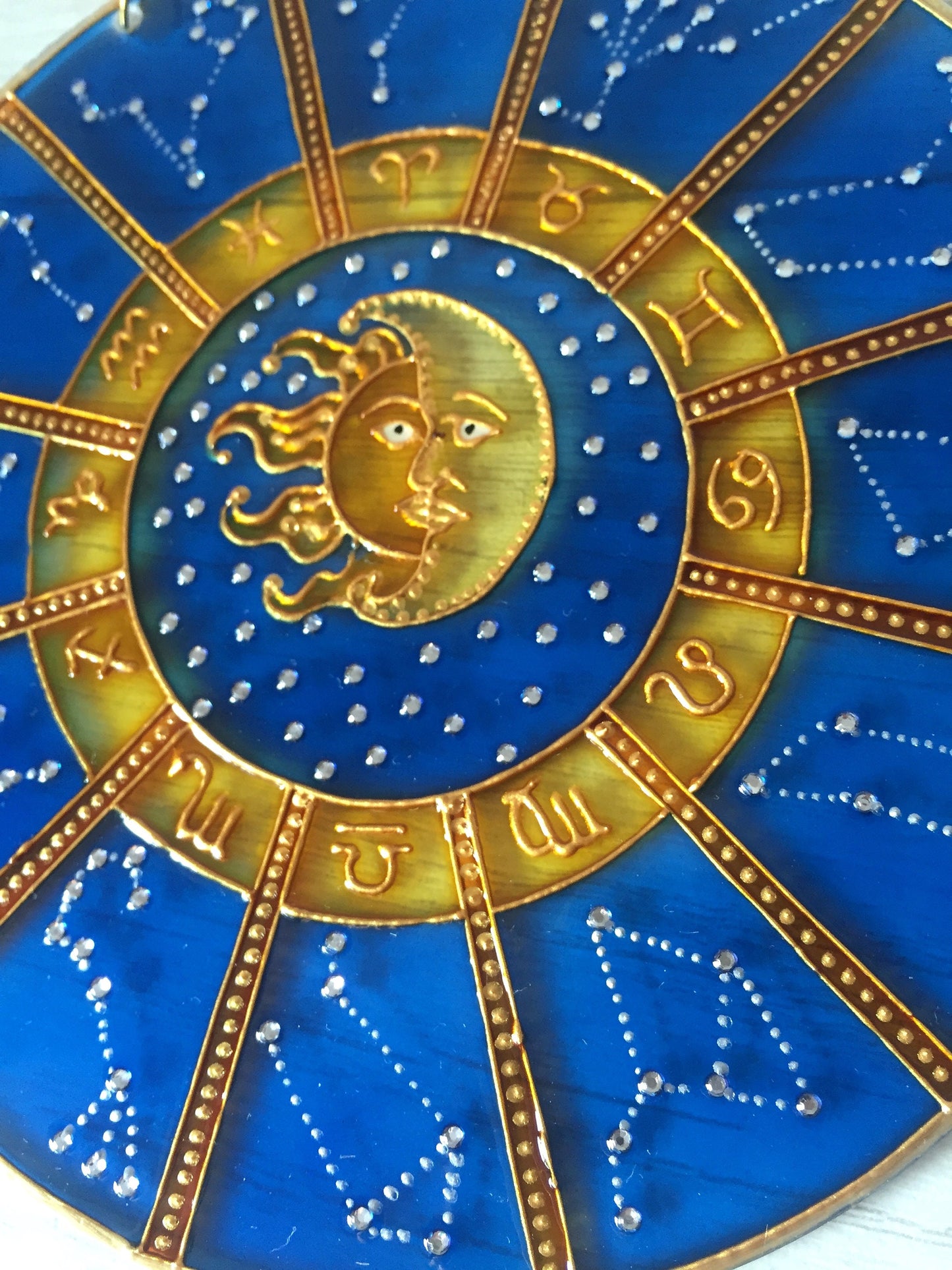 Suncatcher for Window Cobalt Blue Zodiac Sign Celestial Hanging Suncatcher Zodiac Gifts Sun Moon Stars Stained Glass Painting