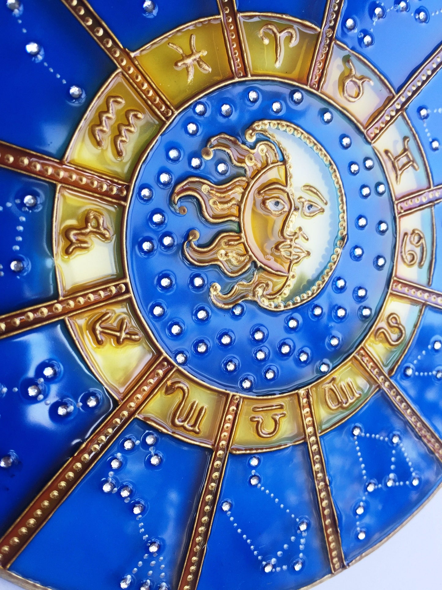 Suncatcher for Window Cobalt Blue Zodiac Sign Celestial Hanging Suncatcher Zodiac Gifts Sun Moon Stars Stained Glass Painting