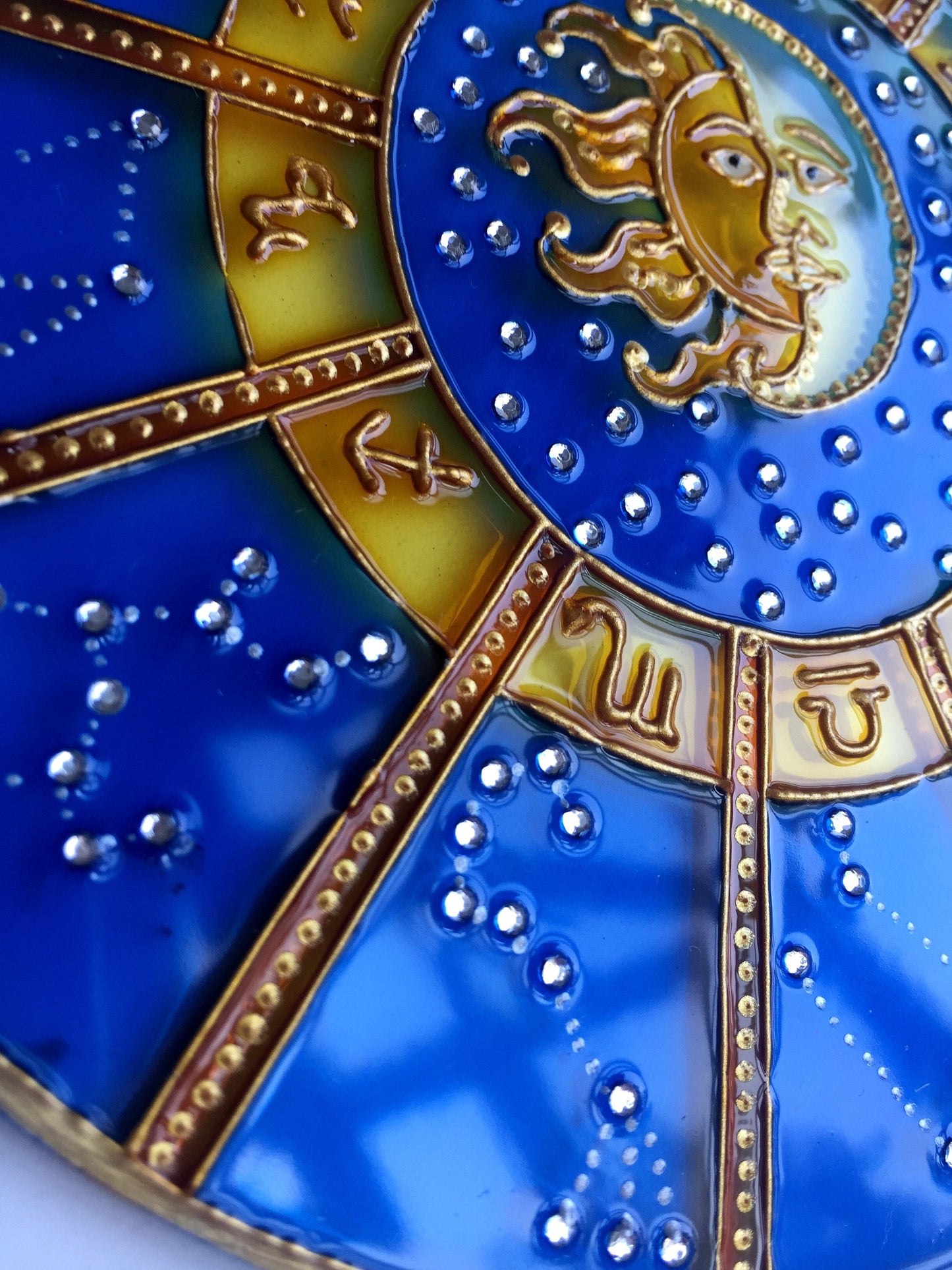 Suncatcher for Window Cobalt Blue Zodiac Sign Celestial Hanging Suncatcher Zodiac Gifts Sun Moon Stars Stained Glass Painting