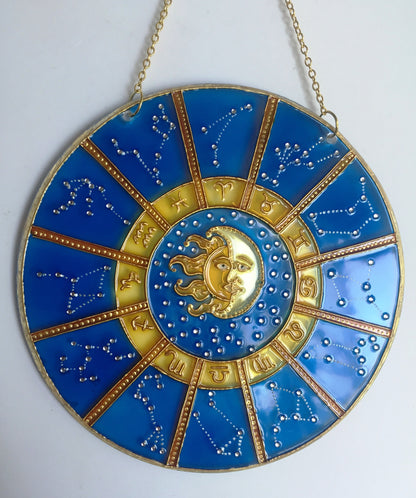 Suncatcher for Window Cobalt Blue Zodiac Sign Celestial Hanging Suncatcher Zodiac Gifts Sun Moon Stars Stained Glass Painting
