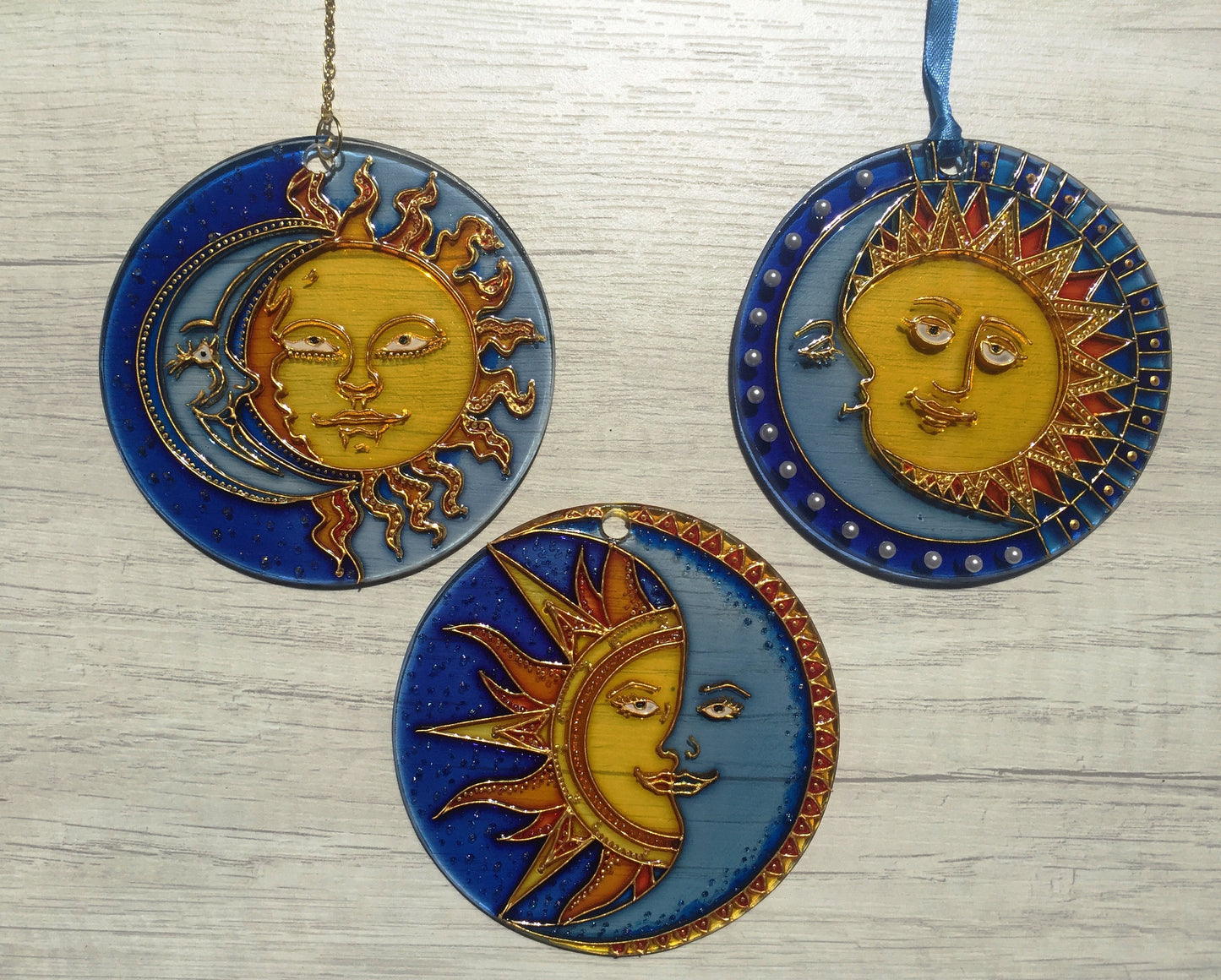 Suncatcher for window Sun Moon Celestial Stained Glass Painting Hanging Sun Catcher