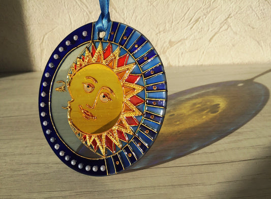 Suncatcher for window Sun Moon Celestial Stained Glass Painting Hanging Sun Catcher