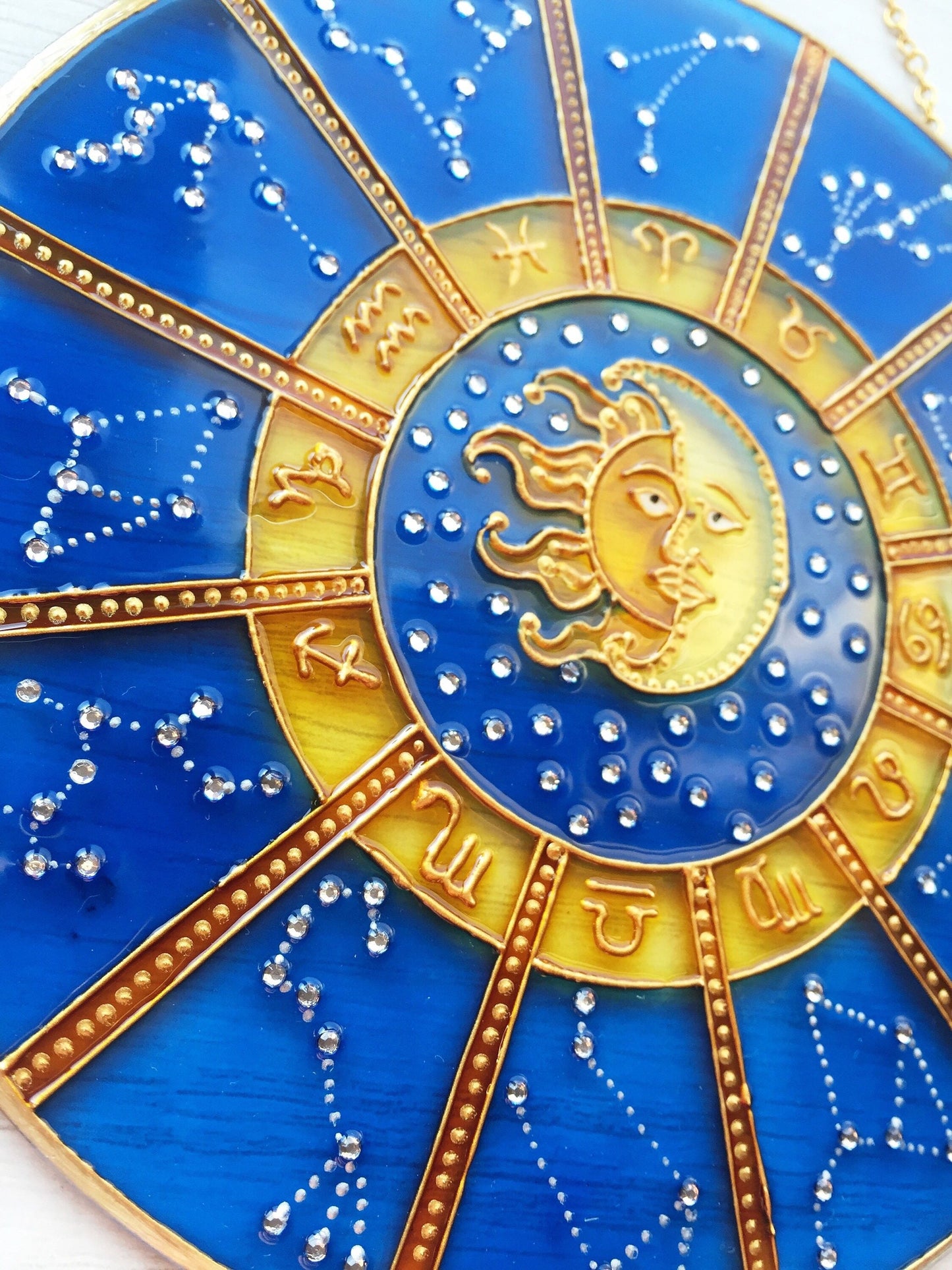 Suncatcher for Window Cobalt Blue Zodiac Sign Celestial Hanging Suncatcher Zodiac Gifts Sun Moon Stars Stained Glass Painting