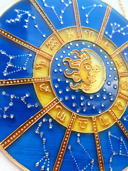 Suncatcher for Window Cobalt Blue Zodiac Sign Celestial Hanging Suncatcher Zodiac Gifts Sun Moon Stars Stained Glass Painting