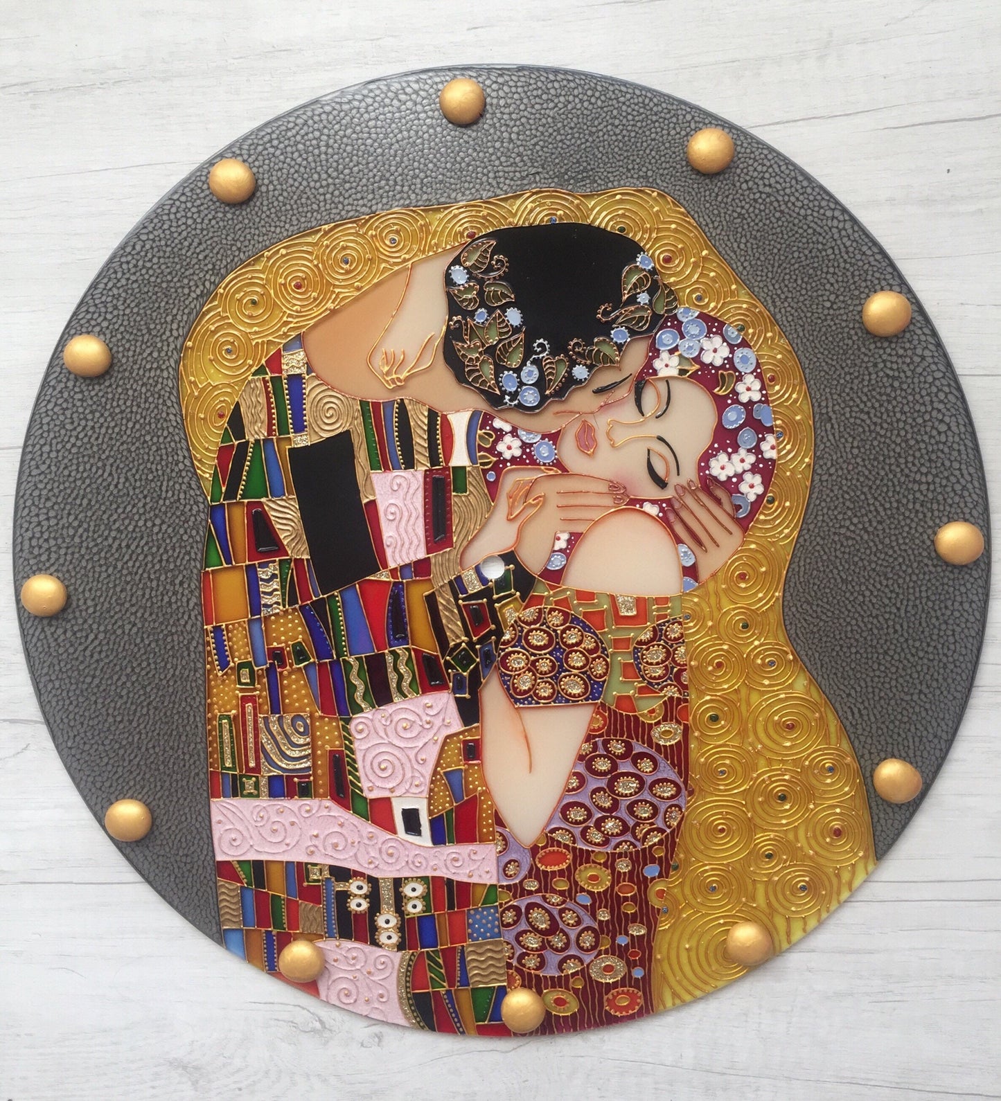 Wedding gift Large Wall clock or Stained glass round panel The Kiss Gustav Klimt Unique gift