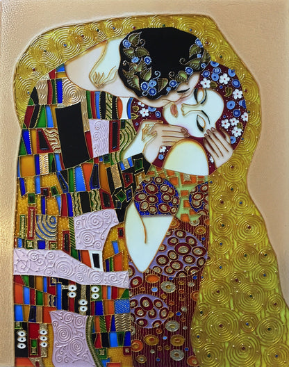 Wedding gift Large Wall clock or Stained glass round panel The Kiss Gustav Klimt Unique gift