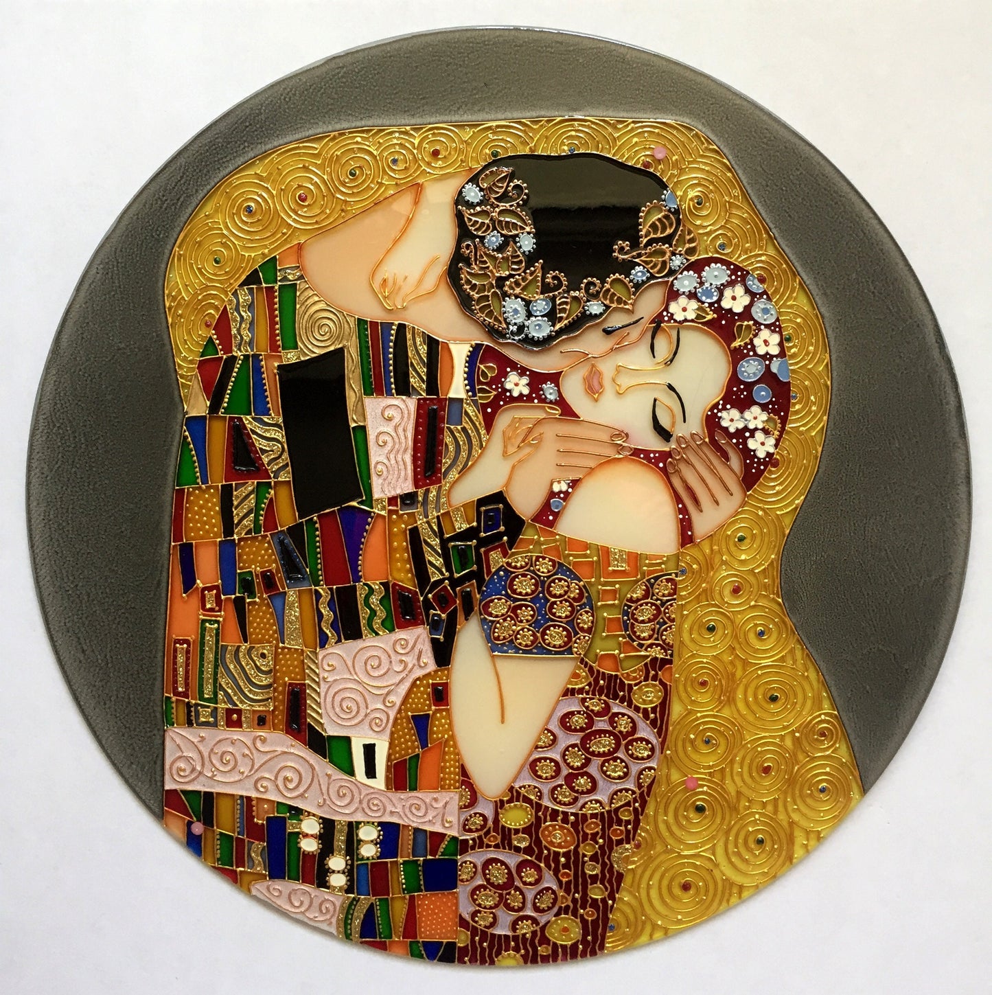 Wedding gift Large Wall clock or Stained glass round panel The Kiss Gustav Klimt Unique gift