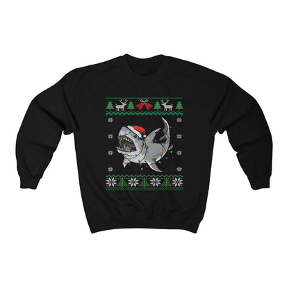 Funny Great White Shark Themed Ugly Christmas Sweatshirt, Shark Santa Hat & Christmas Lights, Shark Holiday, Shark Lover Christmas Gift