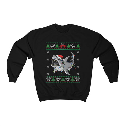 Funny Great White Shark Themed Ugly Christmas Sweatshirt, Shark Santa Hat & Christmas Lights, Shark Holiday, Shark Lover Christmas Gift