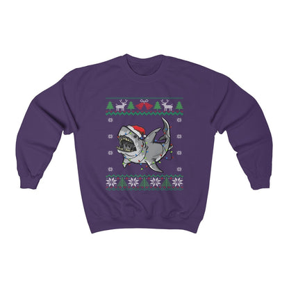 Funny Great White Shark Themed Ugly Christmas Sweatshirt, Shark Santa Hat & Christmas Lights, Shark Holiday, Shark Lover Christmas Gift