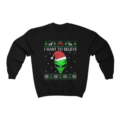 Alien Santa Ugly Christmas Sweatshirt | I Want To Believe | Funny UFO Believer Gift | Alien Head Shirt | Extraterrestrial UFO Conspiracy