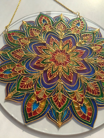 Sacred geometry wall art Mandala painting Stained Glass Decor Hanging Sun catcher for Window