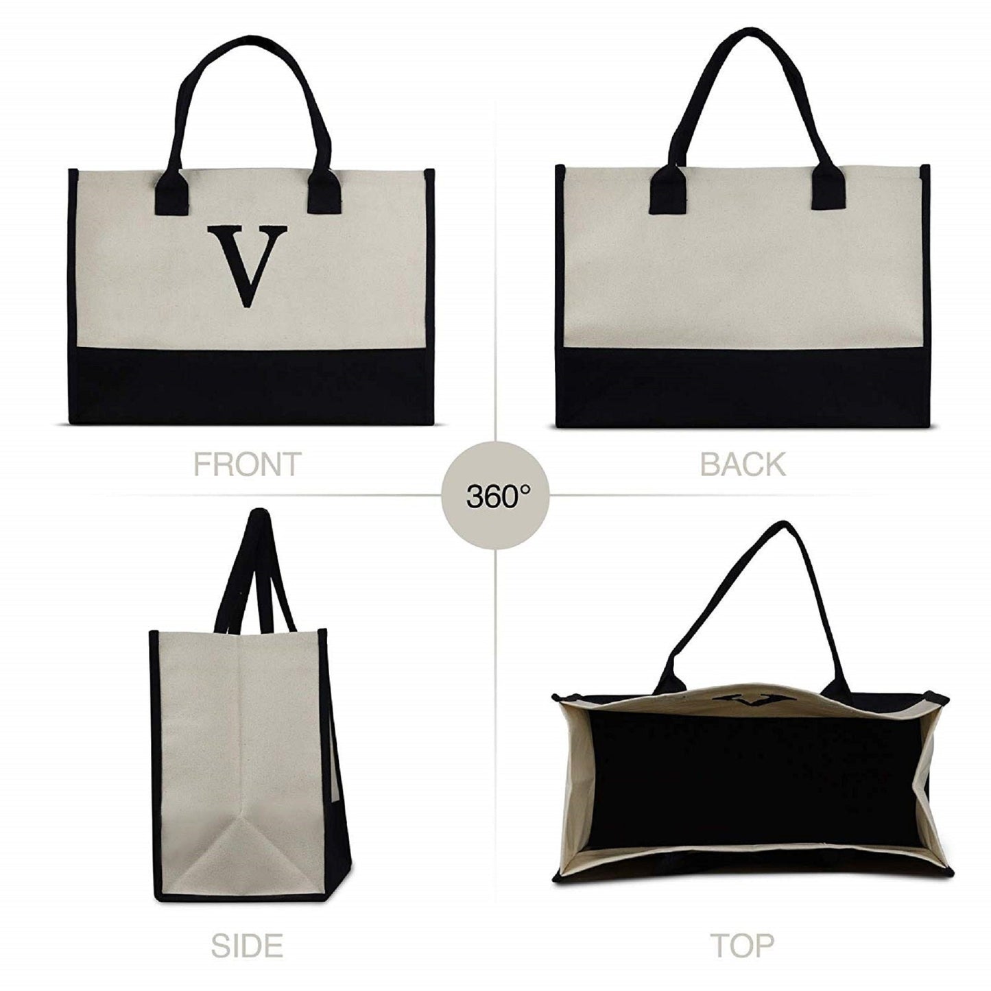 Personalized Monogram Embroidery Cotton Canvas Beach Tote Bag Initial Tote Bridesmaid Gift Tote Custom Beach Bag Gift for Her A-Z - Black