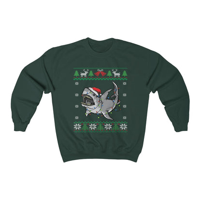 Funny Great White Shark Themed Ugly Christmas Sweatshirt, Shark Santa Hat & Christmas Lights, Shark Holiday, Shark Lover Christmas Gift