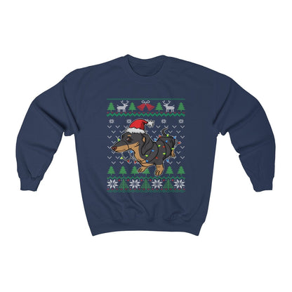 Cute Dachshund Ugly Christmas Sweatshirt, Dachshund Santa Hat Wrapped in Christmas Lights, Funny Wiener Dog Lover & Owner Gift Shirt