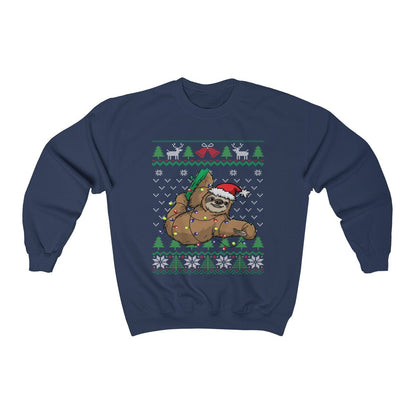 Funny Sloth Themed Ugly Christmas Sweatshirt, Cute Hanging Sloth Santa Hat & Christmas Lights, Gift for Sloth Lover Christmas Shirt